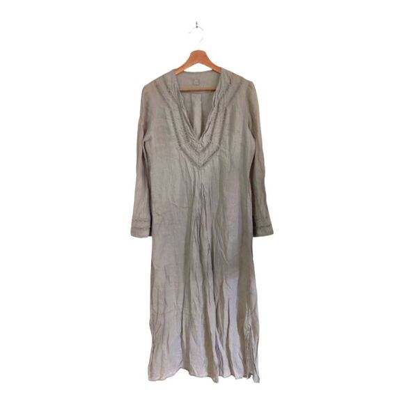 120% Lino Elegant Gray Linen Long Sleeve Maxi Dress Size 42 Italy M - Picture 1 of 9